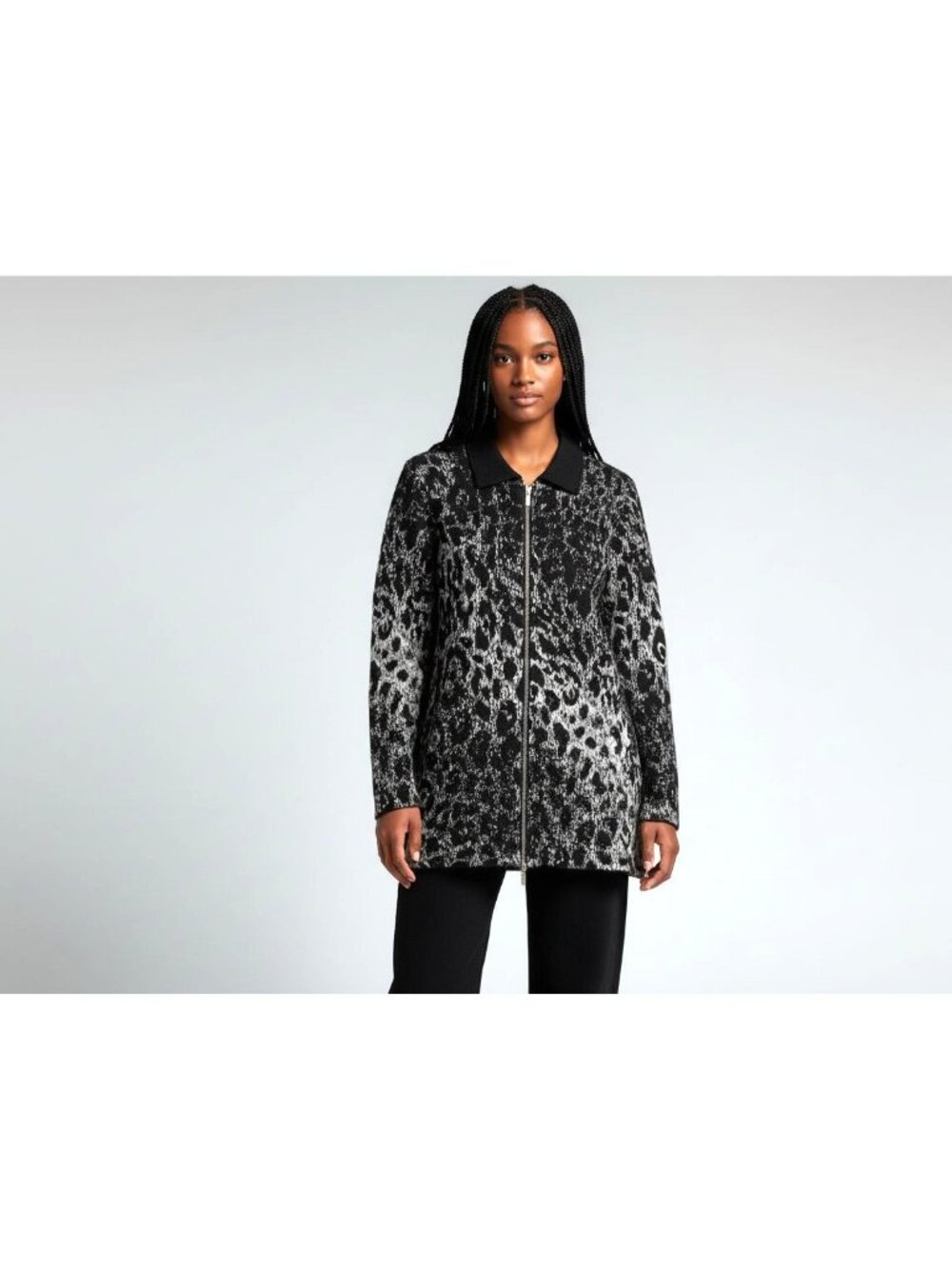 Chicos Leopard Print Zip-Front Long Sweater Jacket XL Black/Gray 100% Cotton